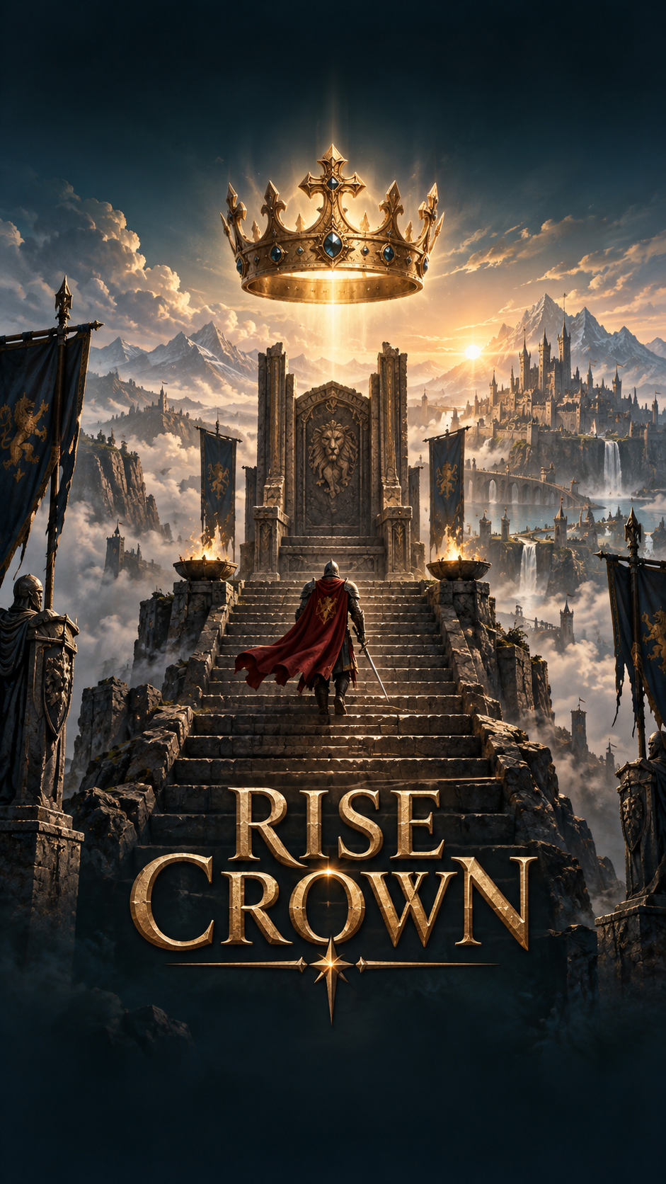 A knight climbs toward a golden crown above an ancient throne
